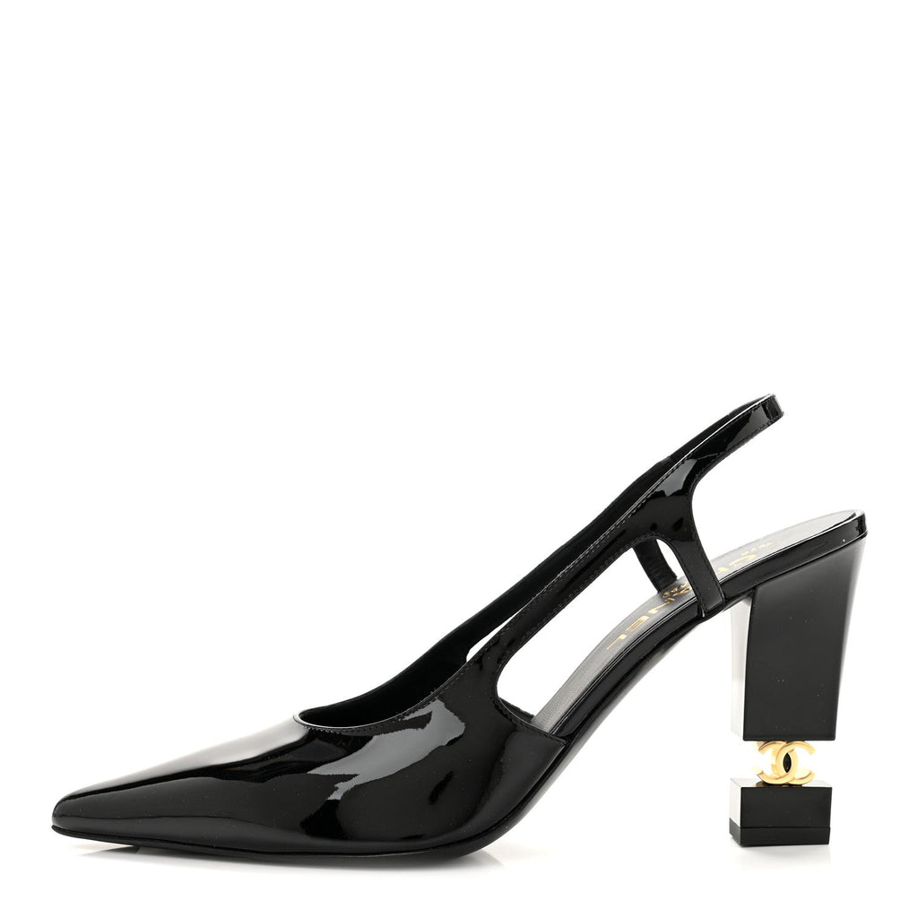 Patent Calfskin Slingback CC Cutout Pumps 40 Black
