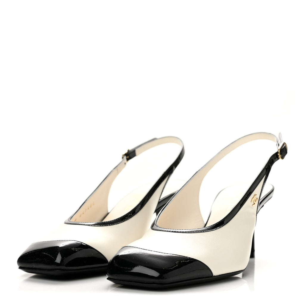 Lambskin Patent Calfskin Cap Toe CC Slingback Pumps 38.5 White Black