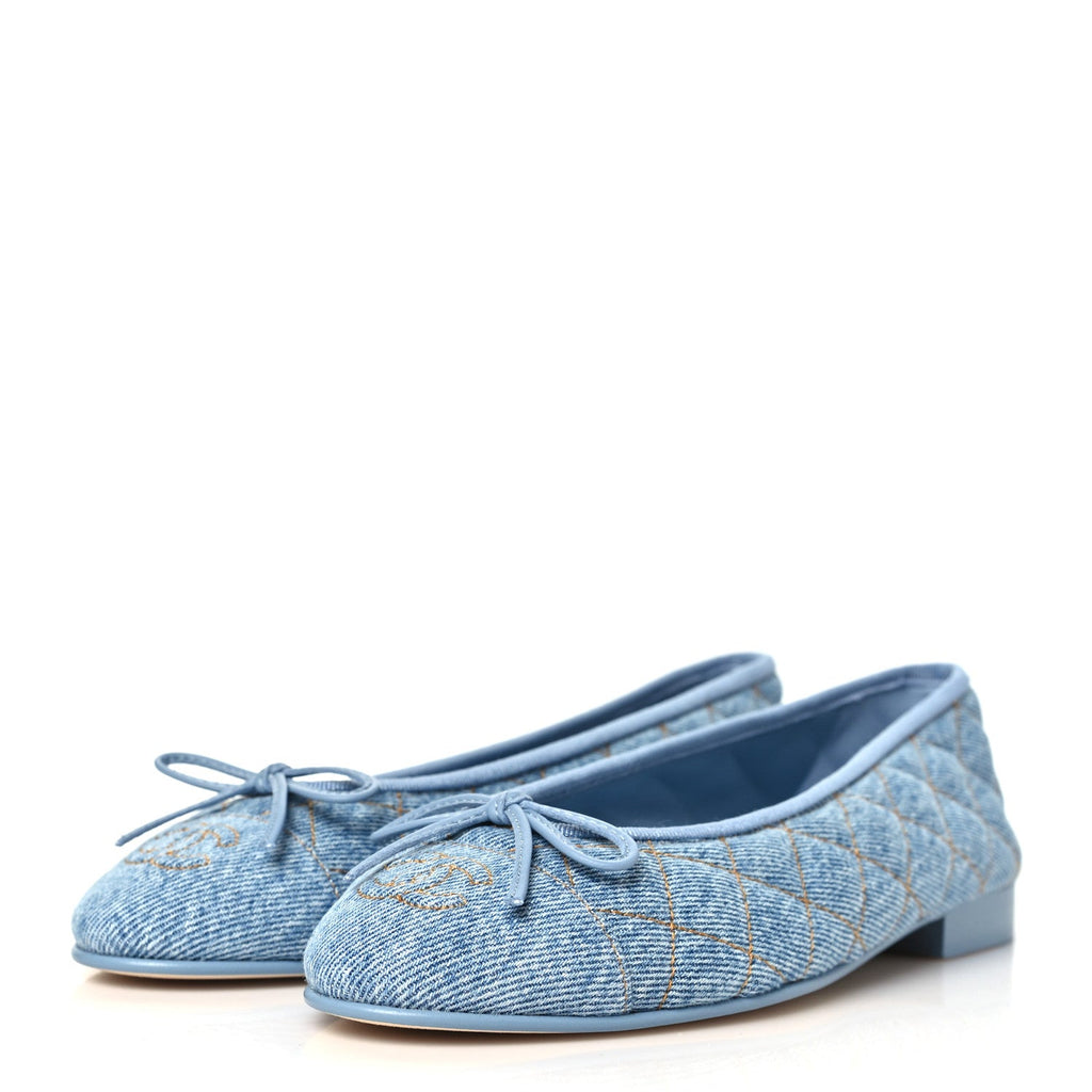 Denim Quilted CC Cap Toe Ballerina Flats 36.5 Light Blue