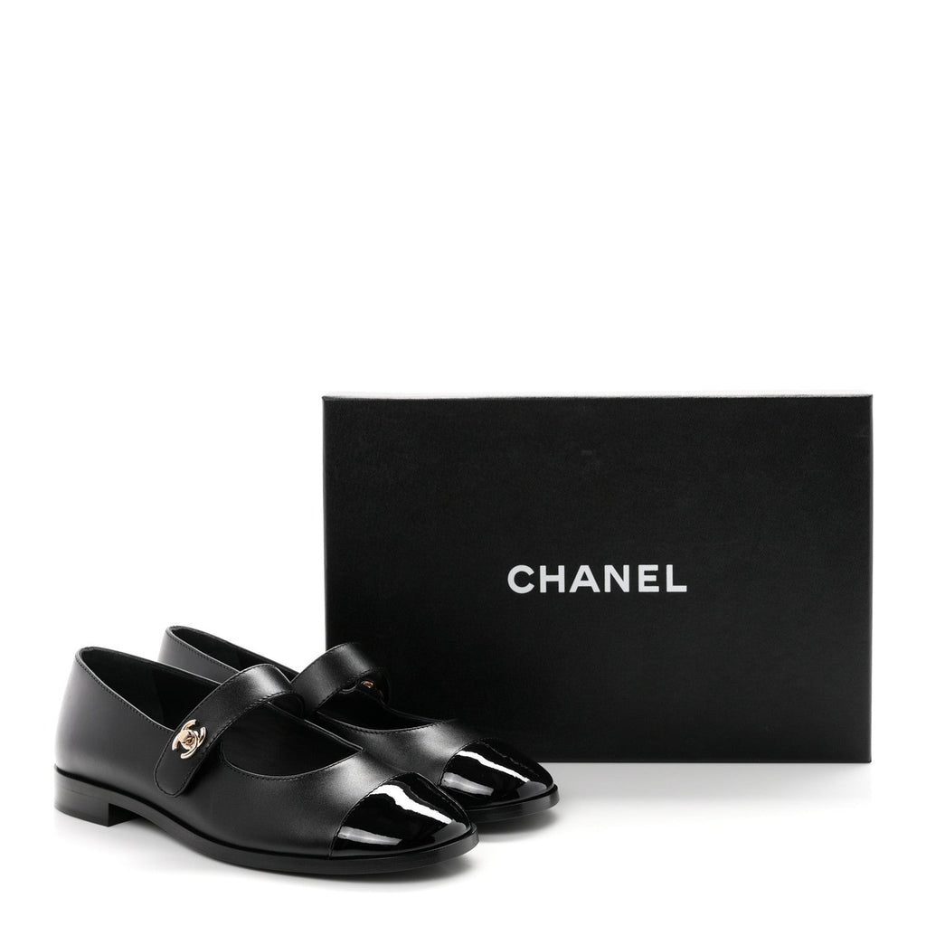 Calfskin Patent Mary Janes Flats 37 Black