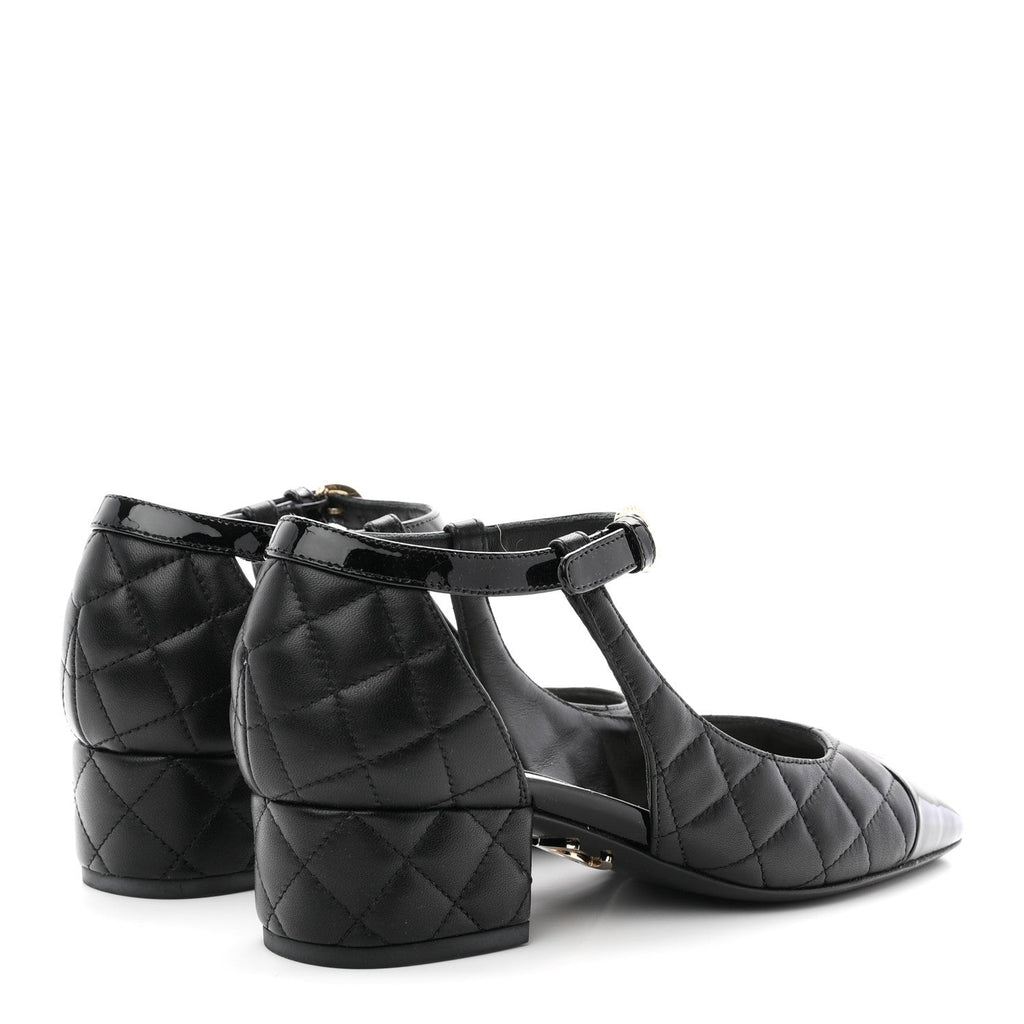 Lambskin Patent Quilted Cap Toe Mary Jane Flats 36 Black