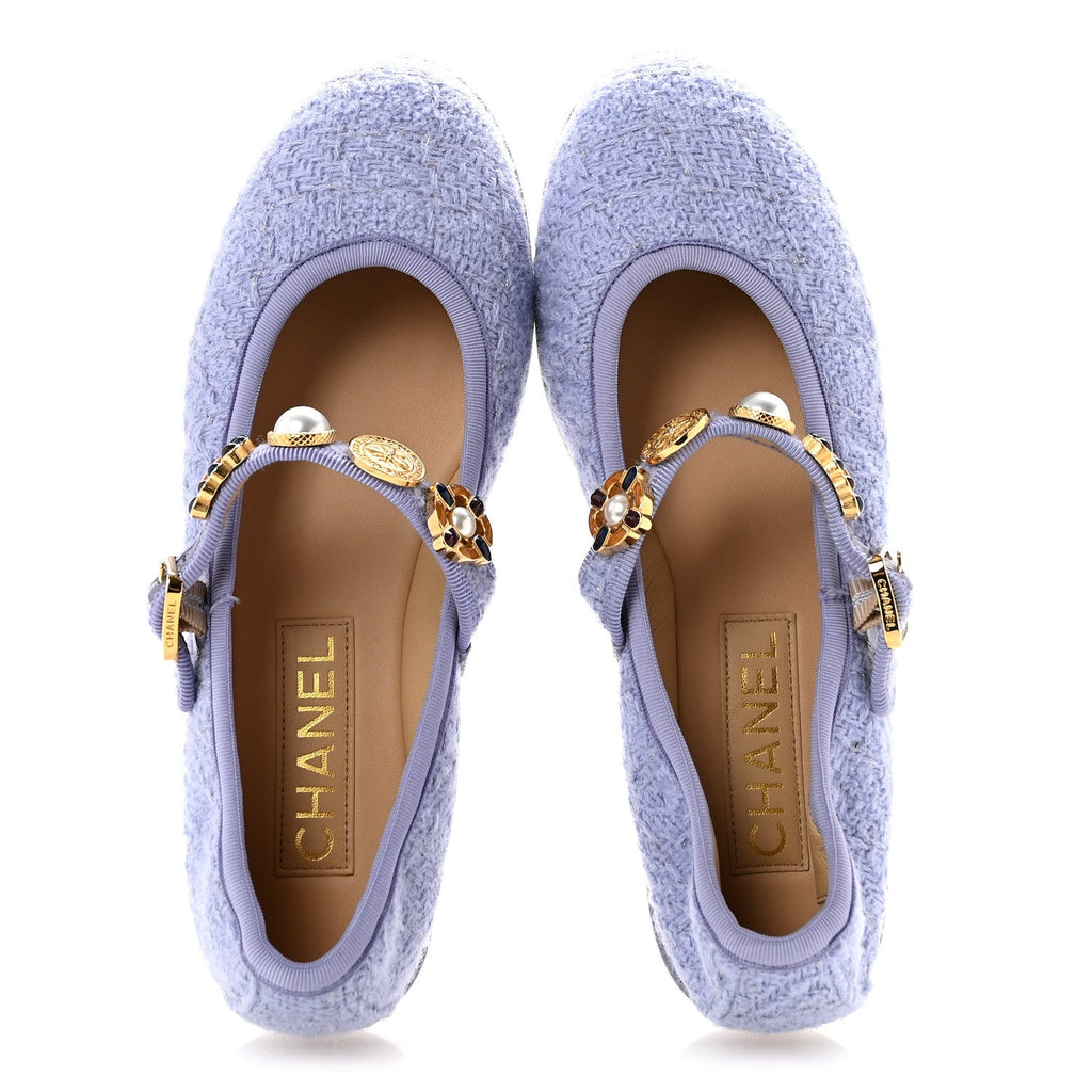 Wool Tweed Patent Mary Jane Flats 37.5 Lilac