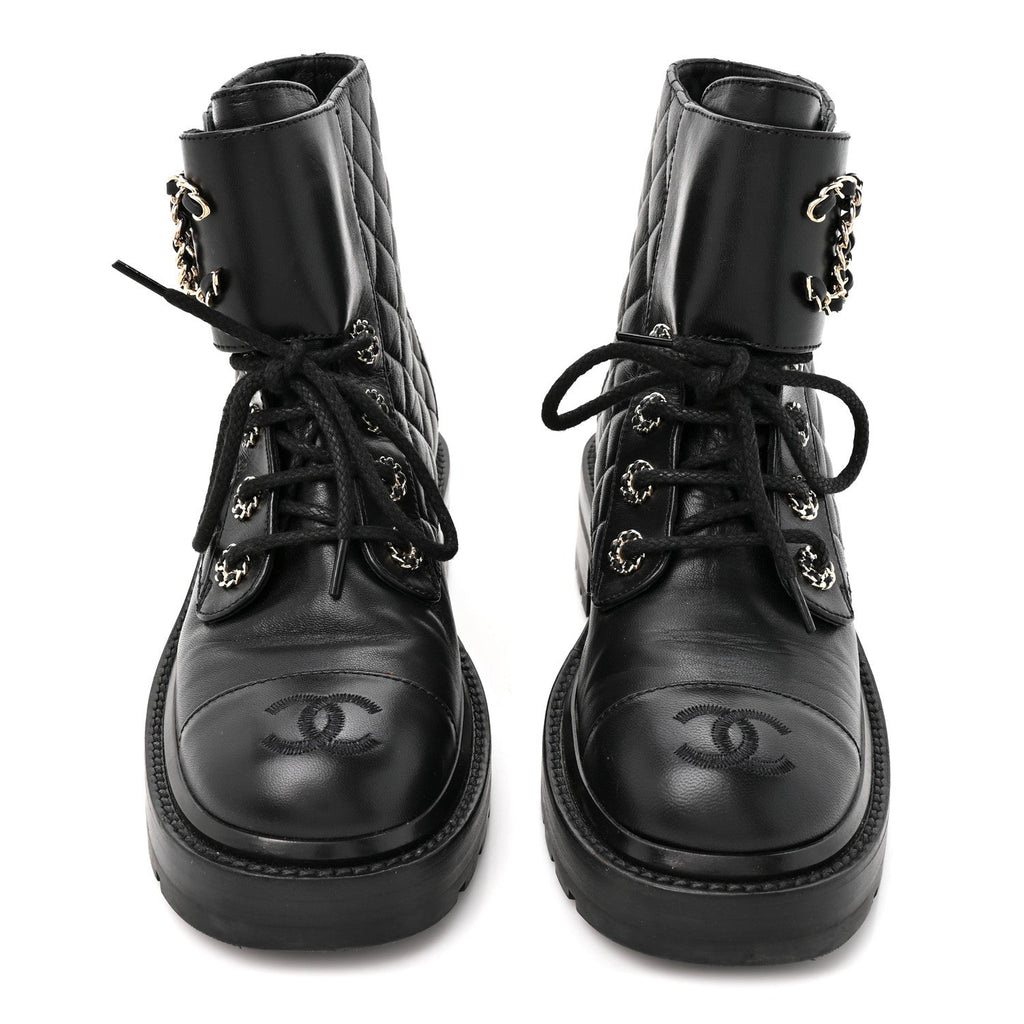 Shiny Goatskin Calfskin Quilted Lace Up Combat Boots 35.5 Black