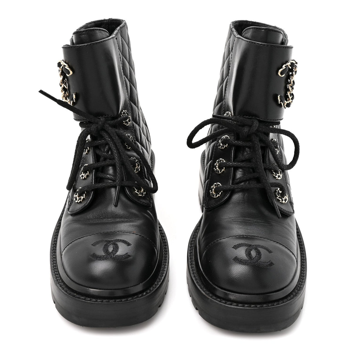 Shiny Goatskin Calfskin Quilted Lace Up Combat Boots 35.5 Black