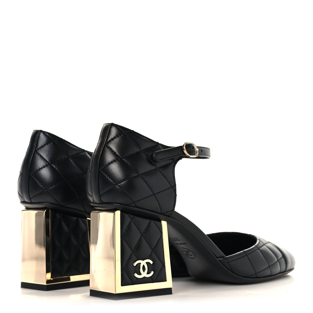 Lambskin Quilted Cap Toe Mary Jane Pumps 37.5 Black