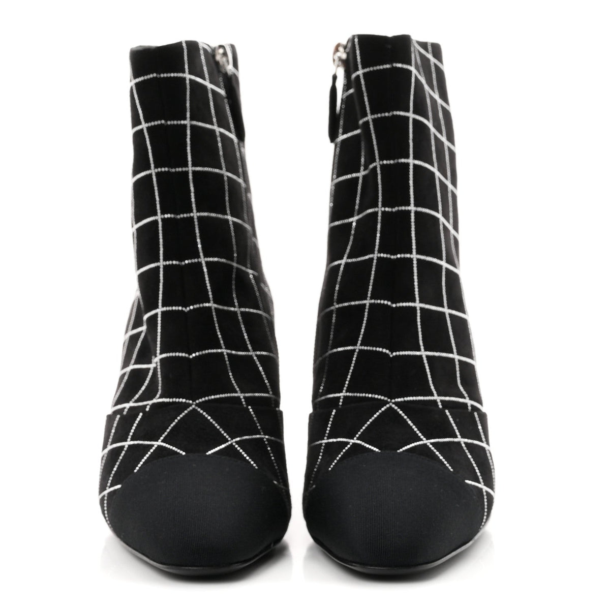 Suede Goatskin Grosgrain CC Short Boots 37.5 Black Silver