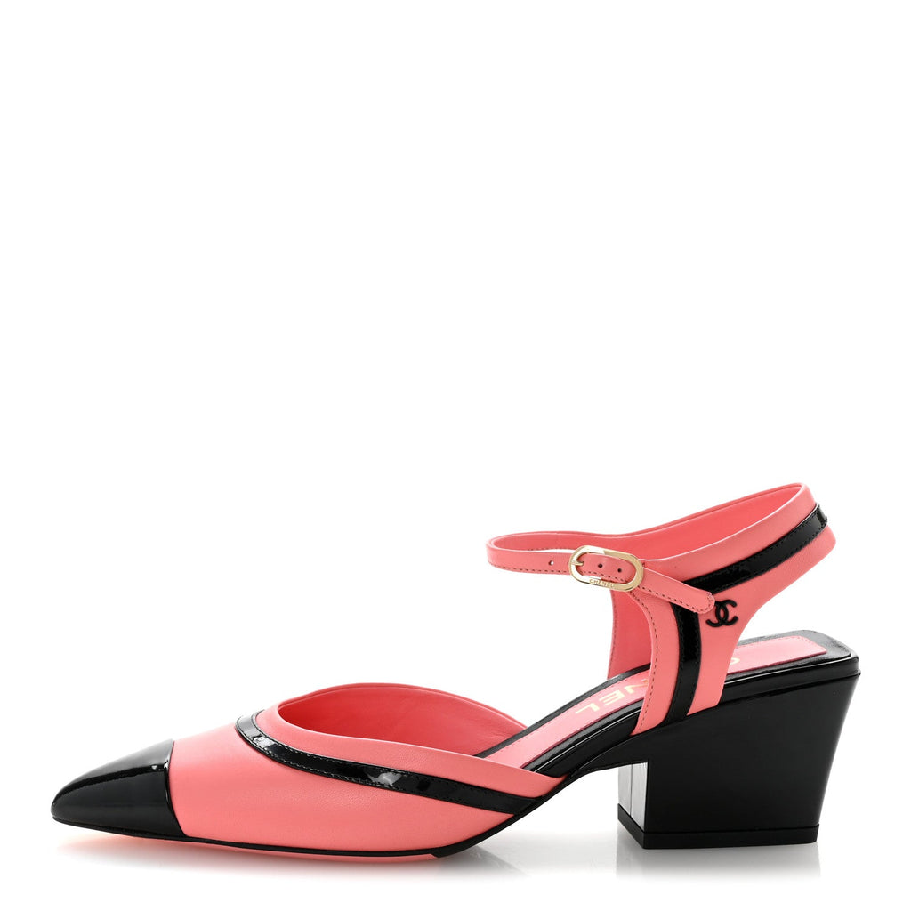 Patent Calfskin CC Ankle Strap Sandals 38 Pink Black