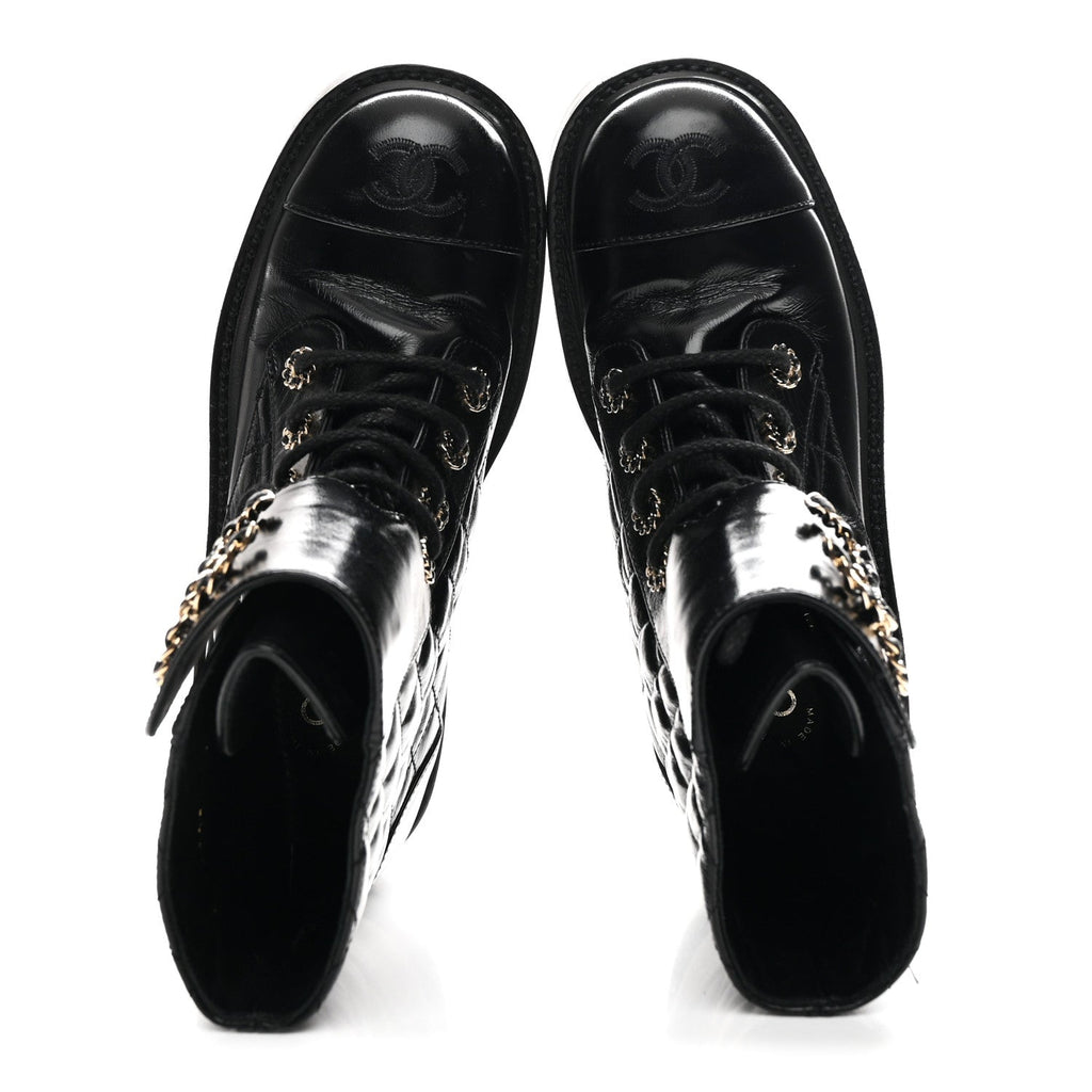 Shiny Calfskin Quilted Lace Up Combat Boots 36 Black