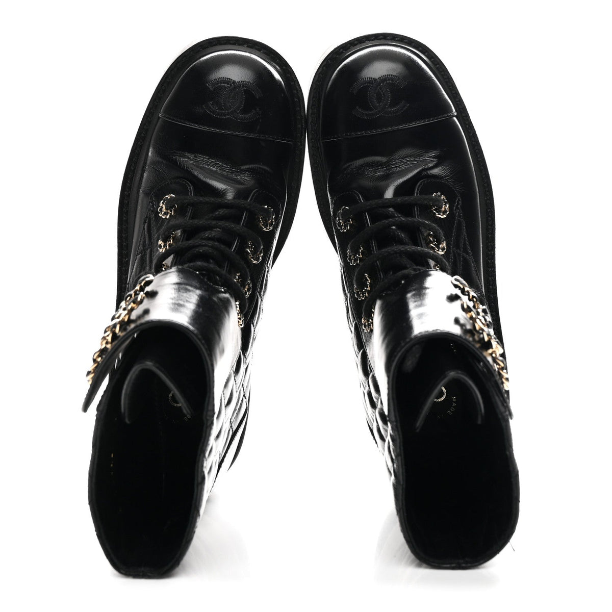 Shiny Calfskin Quilted Lace Up Combat Boots 36 Black