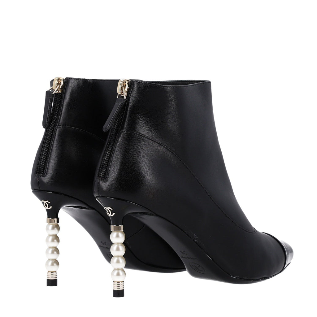 Lambskin Patent Calfskin Pearl Cap Toe Short Boots 36 Black