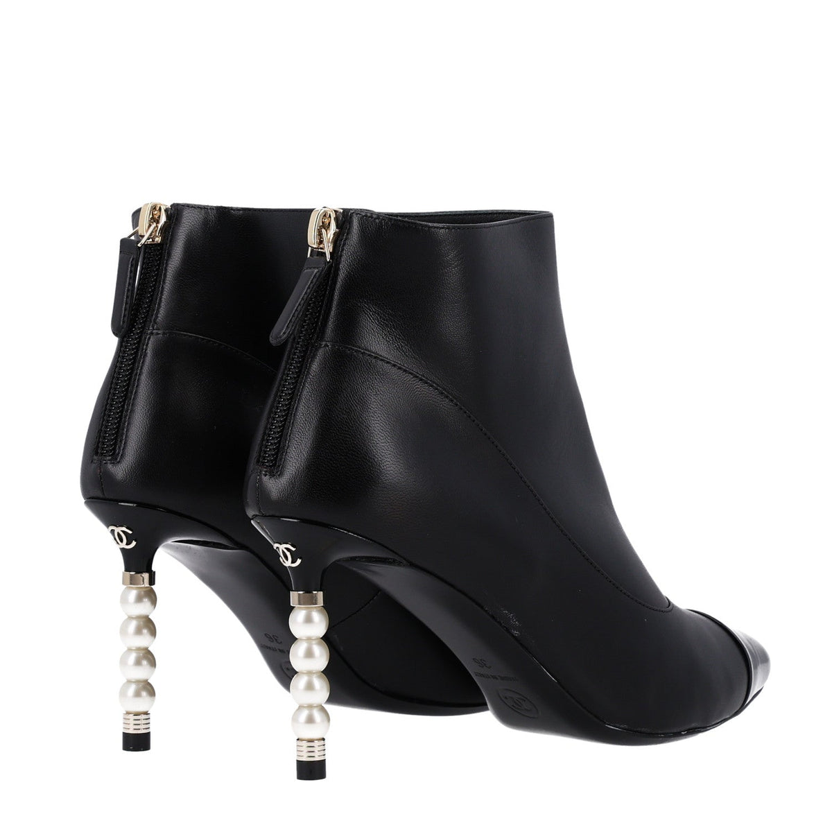 Lambskin Patent Calfskin Pearl Cap Toe Short Boots 36 Black