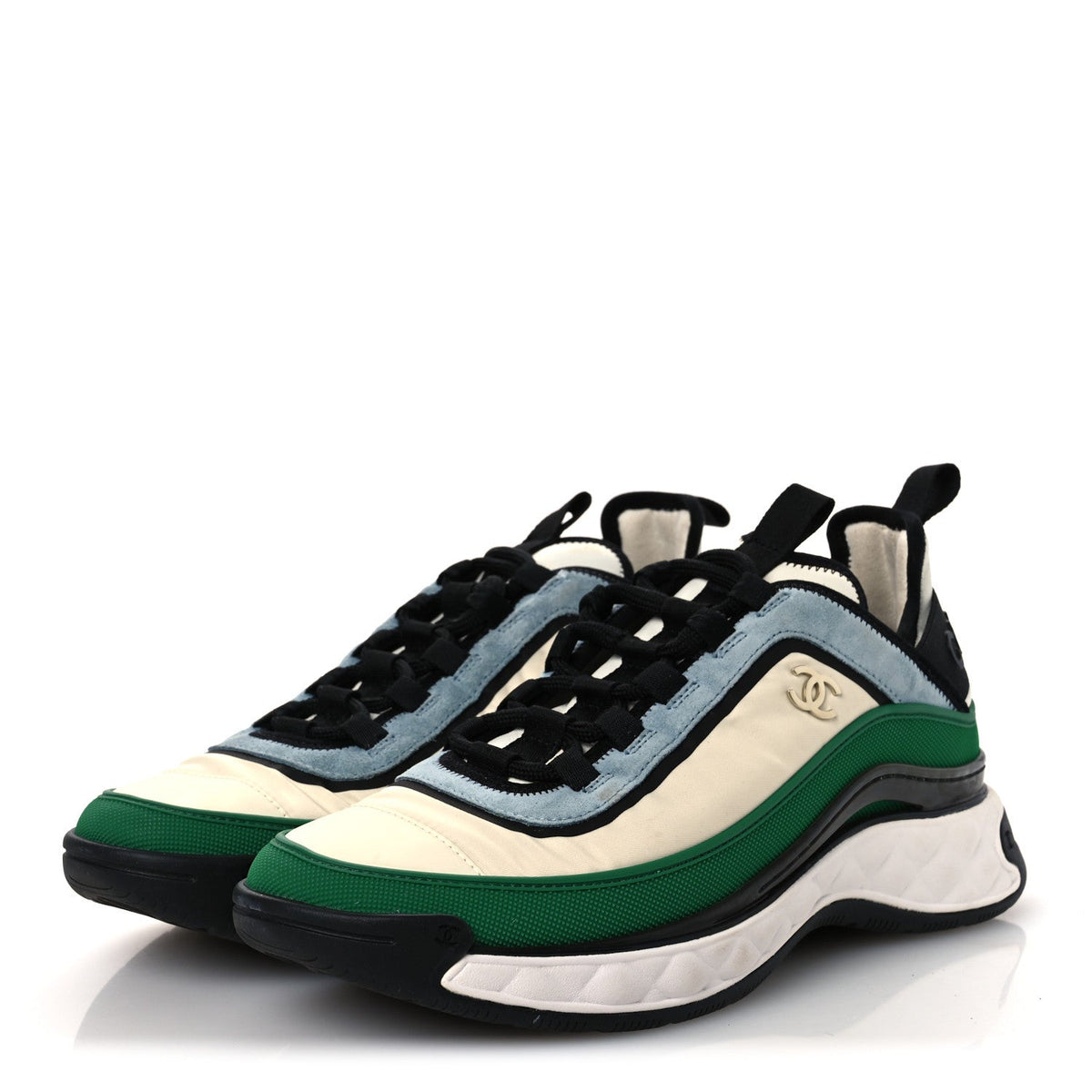 Suede Calfskin Mixed Fibers CC Sneakers 40 Ivory Green Light Blue