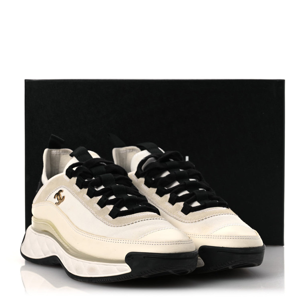 Velvet Calfskin Mixed Fibers CC Sneakers 40 Ivory Black