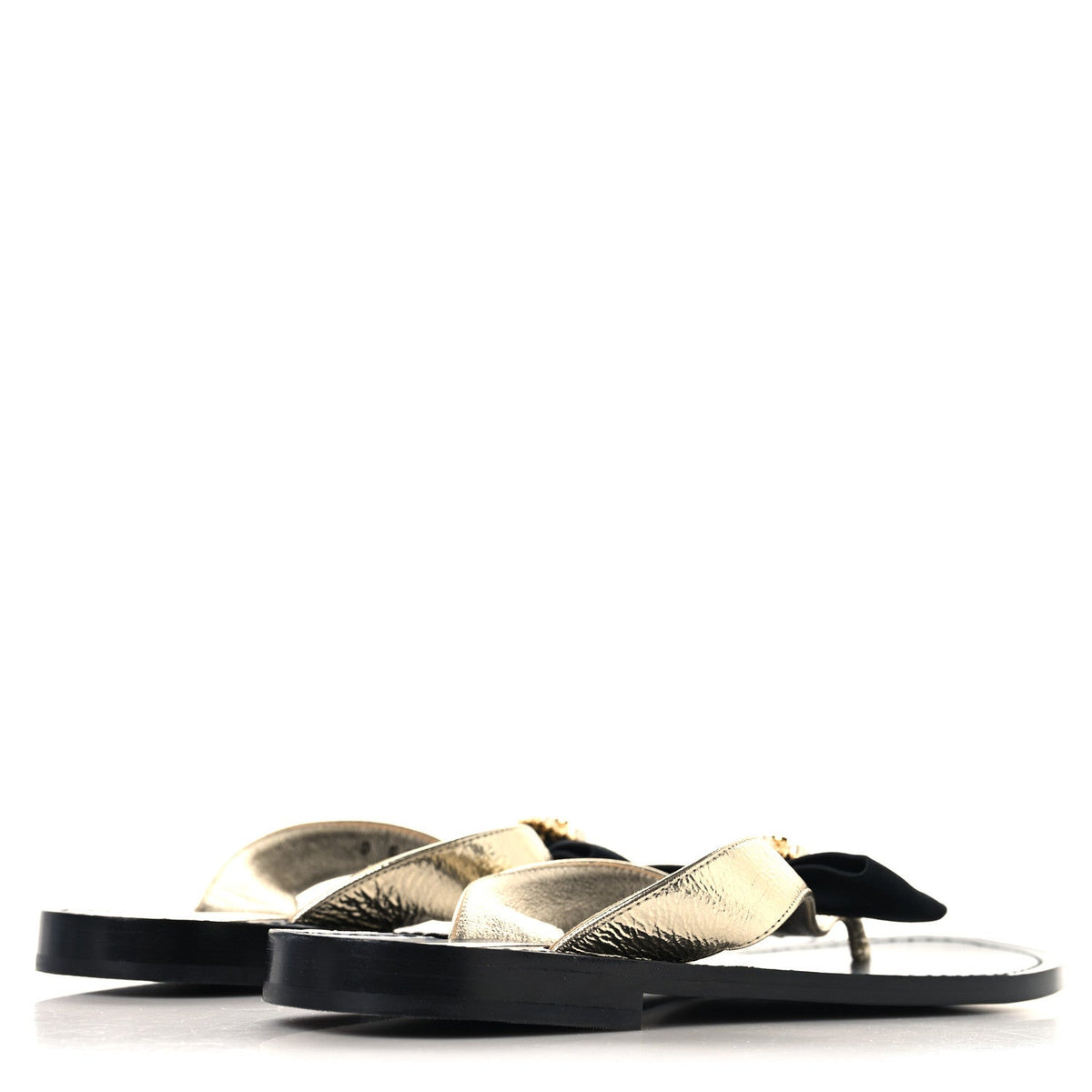 Metallic Laminated Goatskin Grosgrain Bow Pearl Thong Sandals 37 Gold