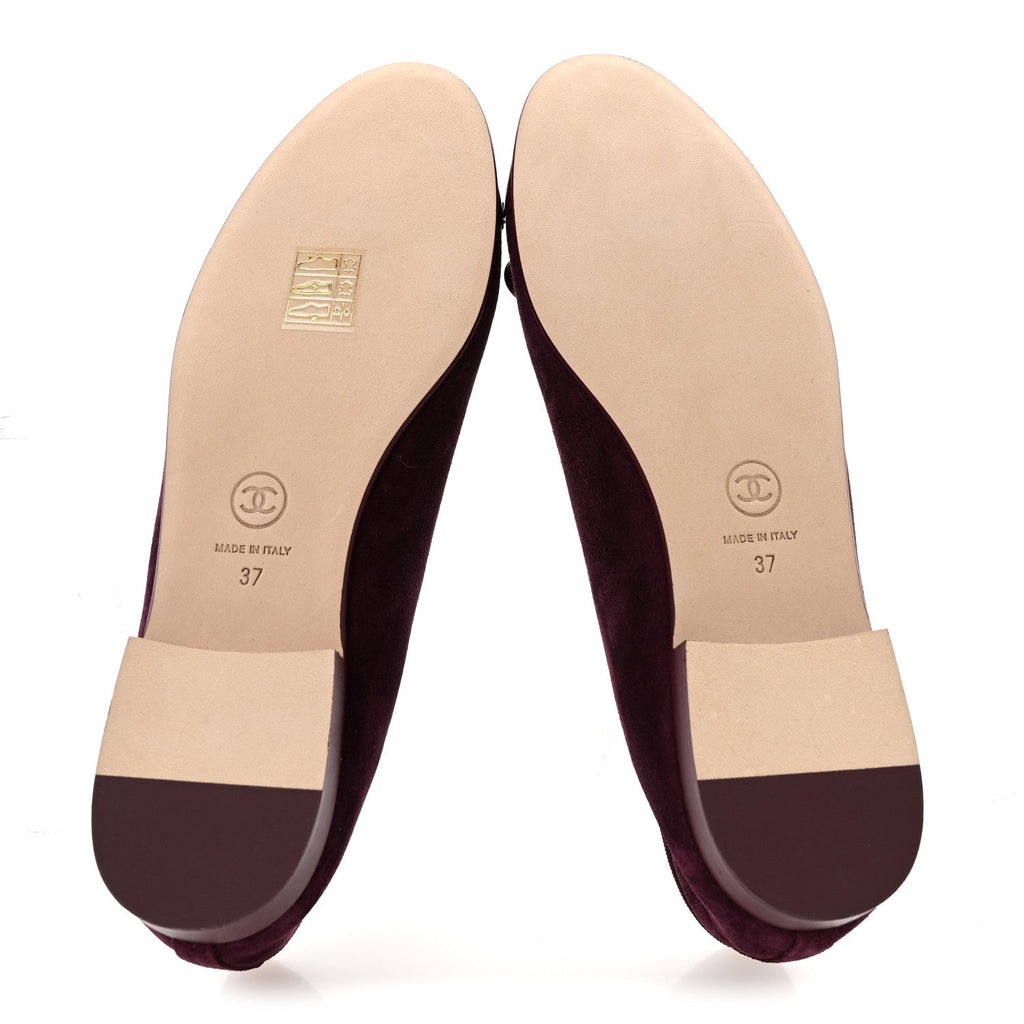Suede Calfskin Patent Cap Toe CC Ballerina Flats 37 Burgundy