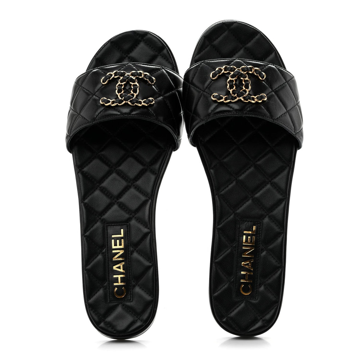 Shiny Goatskin Quilted CC Mules Sandals 39.5 Black