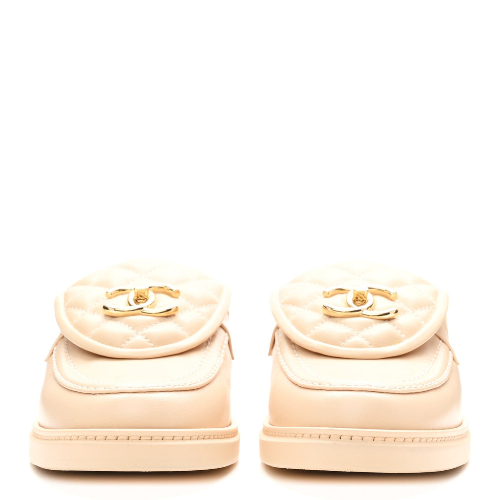Lambskin Quilted CC Turnlock Mules 39 Light Beige