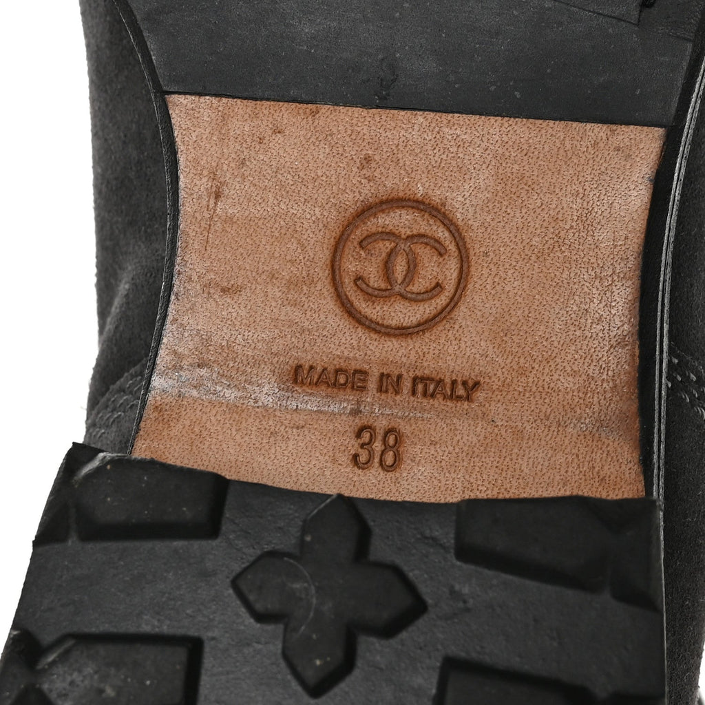 Suede Quilted CC Tall Lace Up Combat Boots 38 Grey