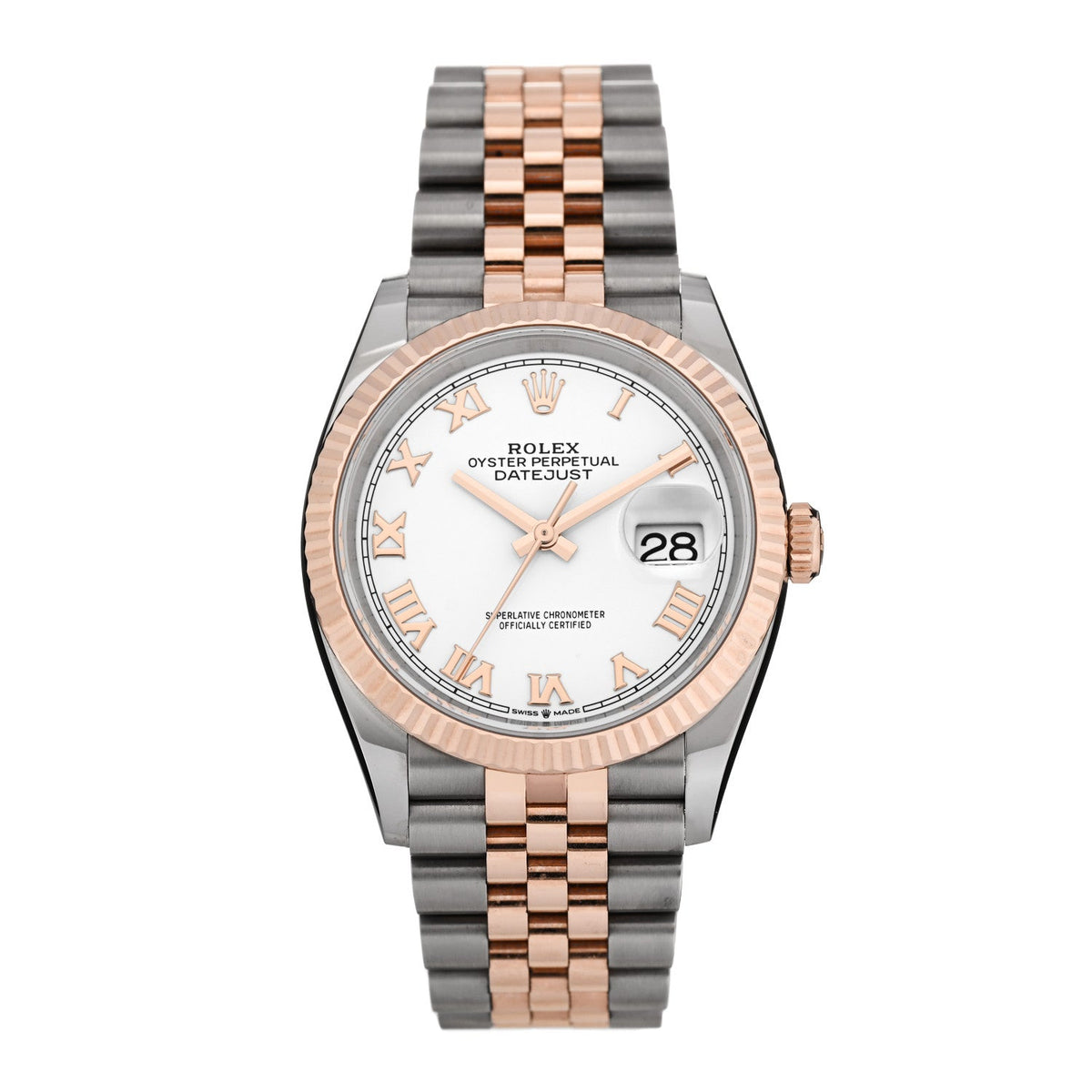 Stainless Steel 18K Everose Gold 36mm Oyster Perpetual Datejust Watch White Roman 126231