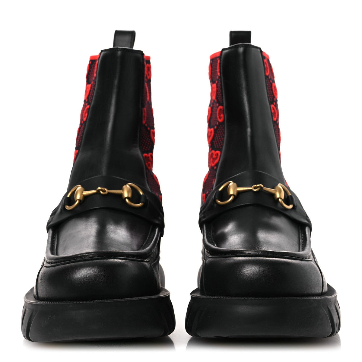 Quebec Calfskin Technical Jersey Knit GG Monogram Mens Horsebit Ankle Boots 11.5 Black Light Hibiscus Red