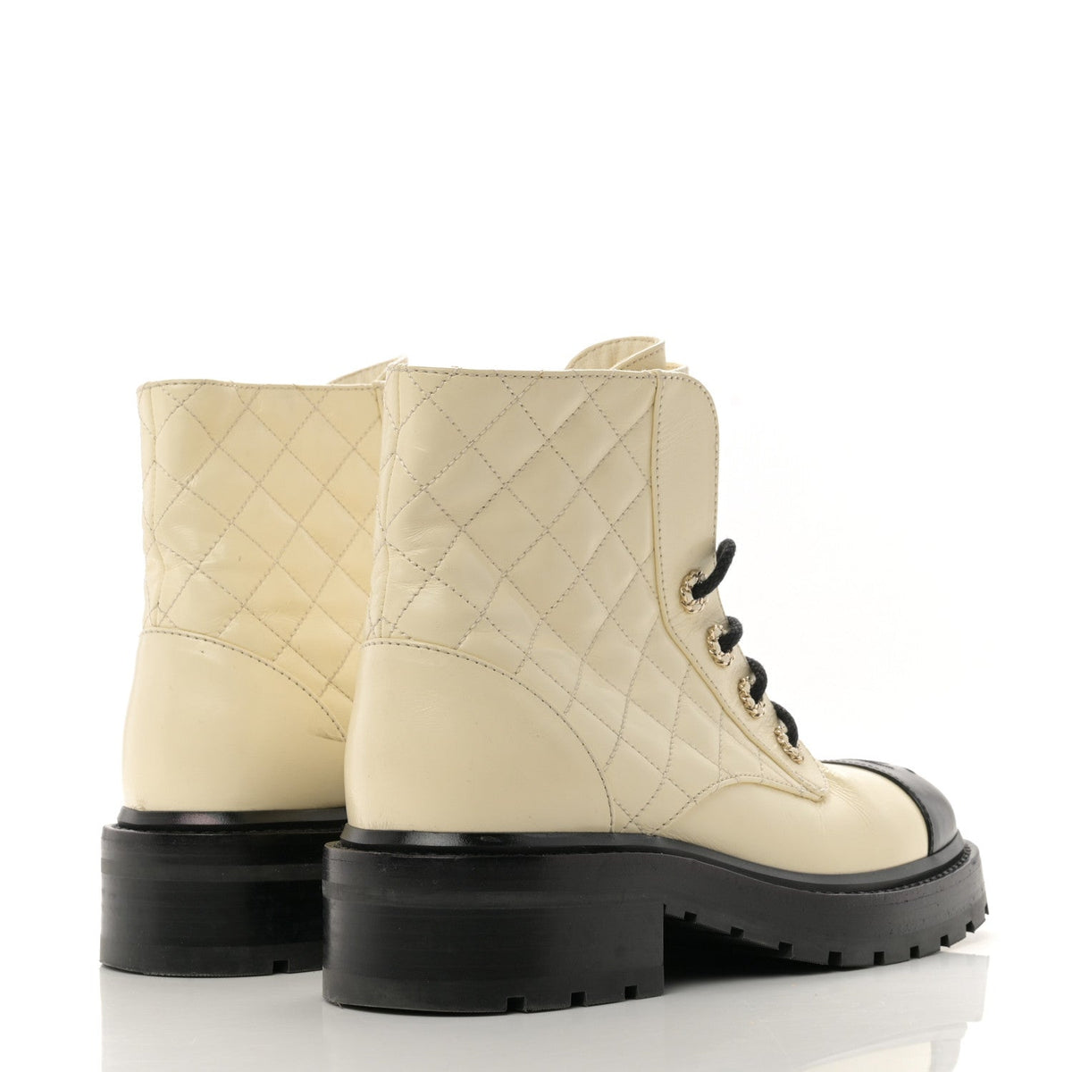 Shiny Goatskin Calfskin Quilted Lace Up Combat Boots 36 Ivory Black