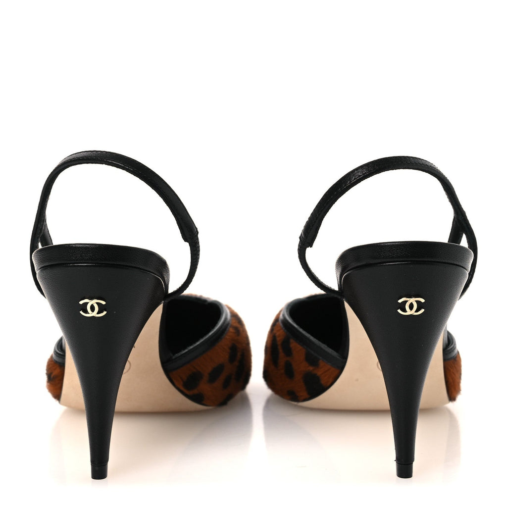 Lambskin Mixed Fibers Pony Hair Slingback Pumps 38 Brown Black White