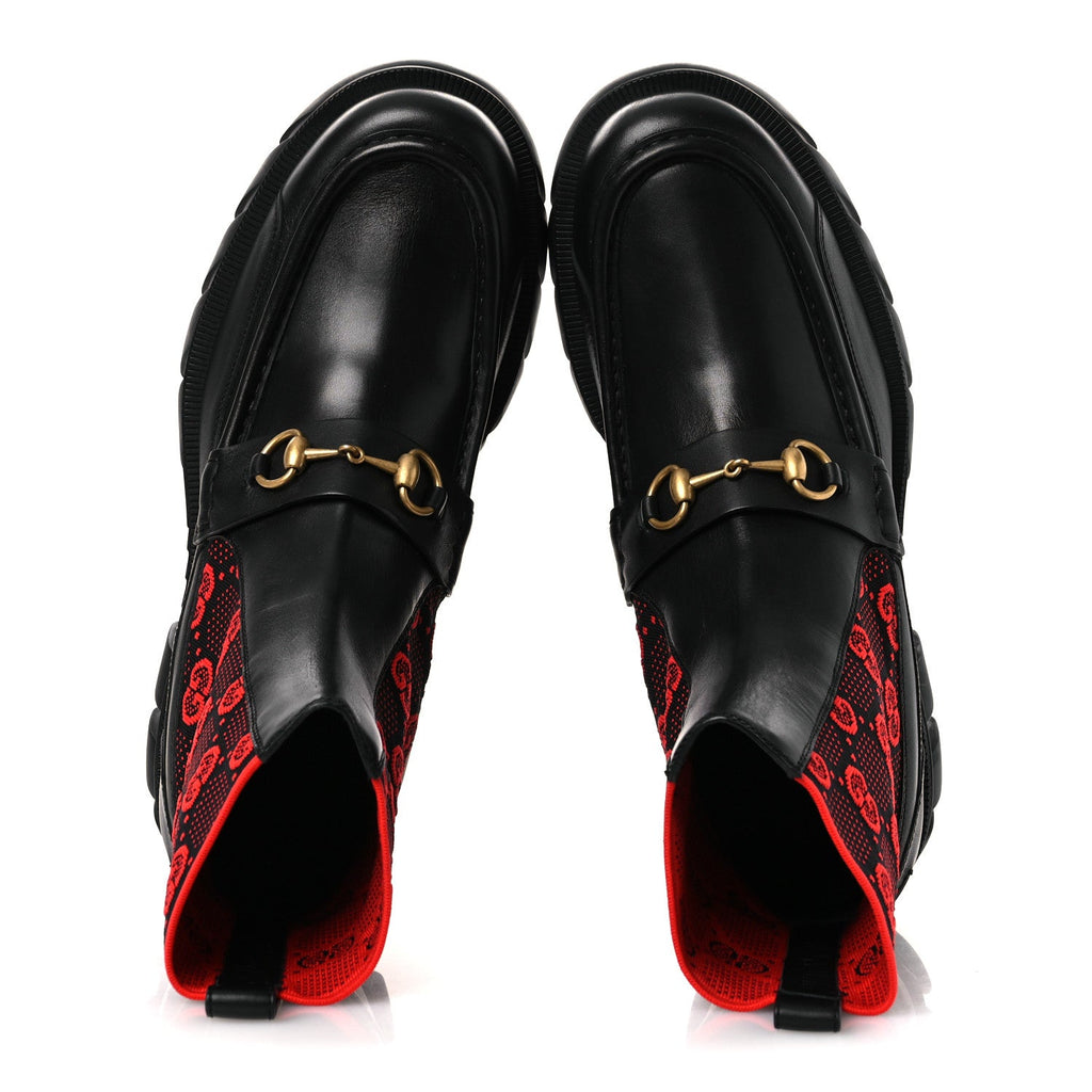 Quebec Calfskin Technical Jersey Knit GG Monogram Mens Horsebit Ankle Boots 11.5 Black Light Hibiscus Red