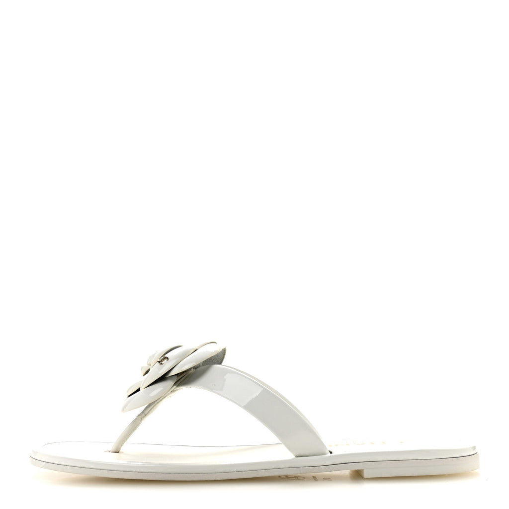 Patent Calfskin Camellia Thong Sandals 37.5 White