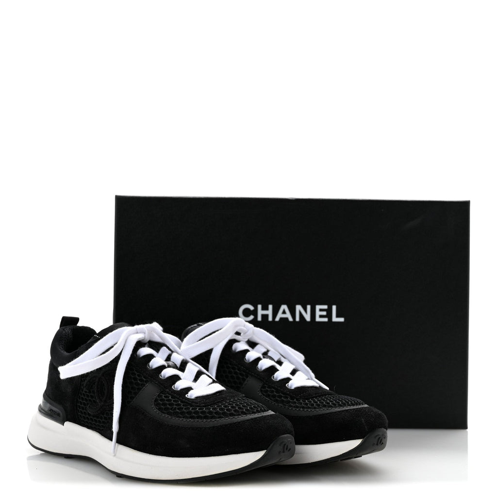 Calfskin Mesh Lycra Suede Womens Logo Sneakers 36 Black