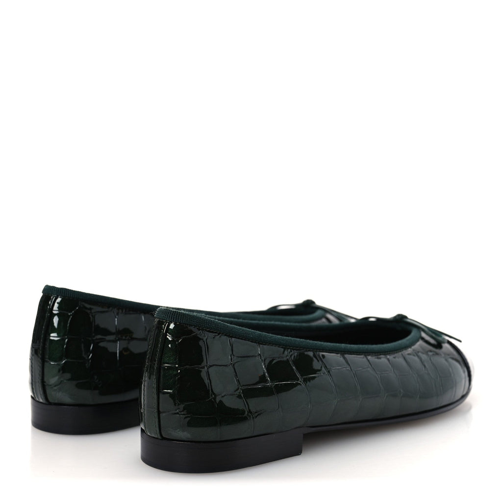 Crocodile Embossed Patent Calfskin Cap Toe CC Ballerina Flats 37.5 Dark Green Black