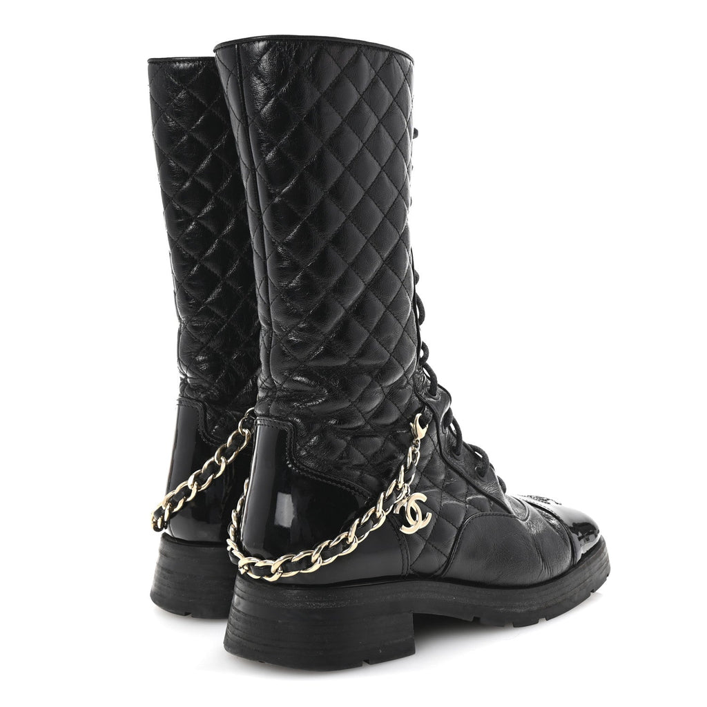 Shiny Calfskin Patent Quilted Chain Lace Up Combat Long Boots 38.5 Black