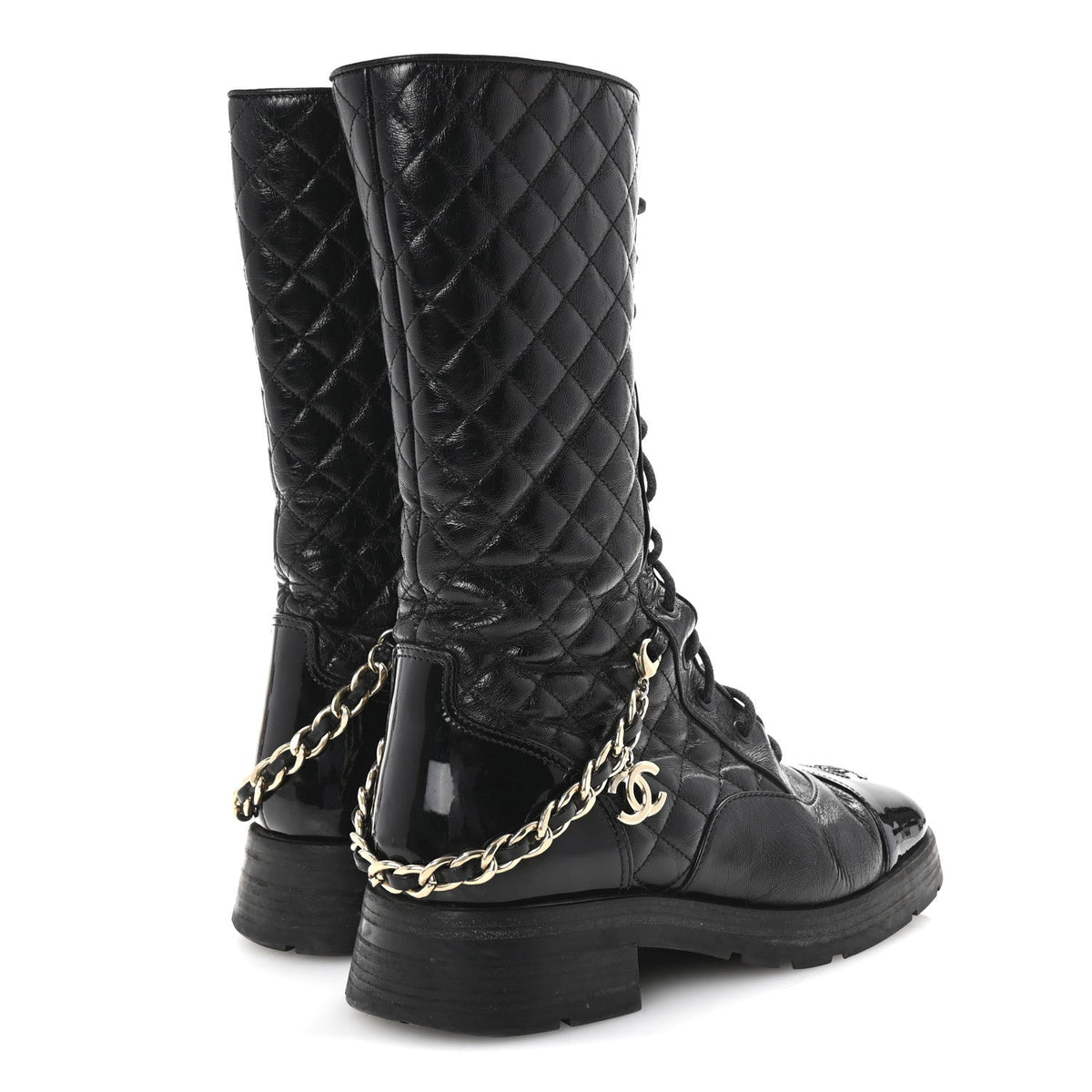 Shiny Calfskin Patent Quilted Chain Lace Up Combat Long Boots 38.5 Black