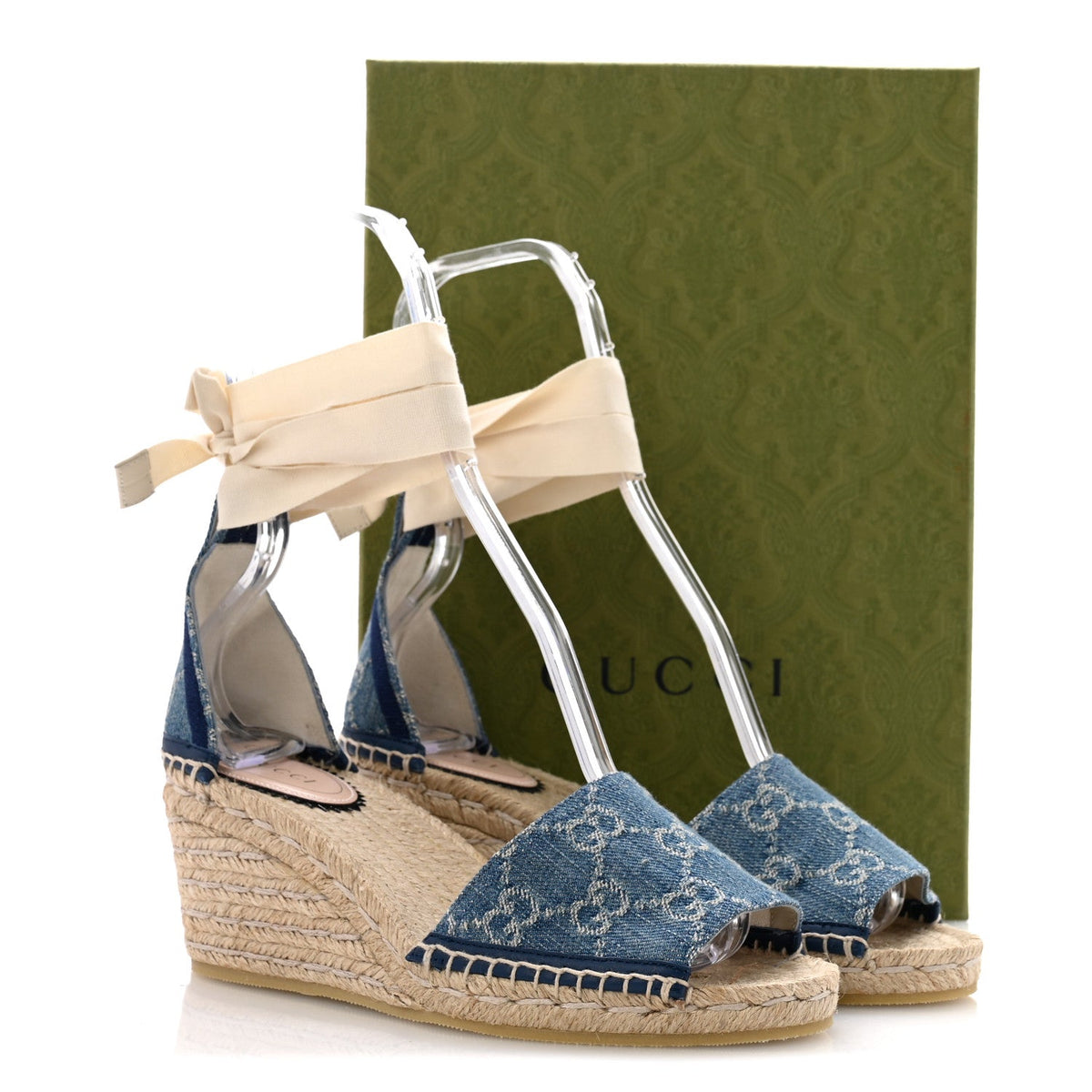 New Denim GG Monogram Pilar Ankle Wrap Espadrille Wedge Sandals 37 Light Blue