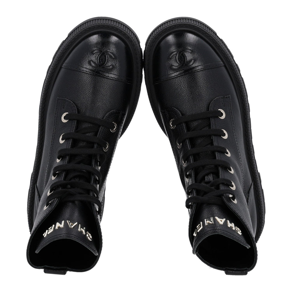 Grained Calfskin Shiny Calfskin CC Lace Up Combat Boots 40.5 Black