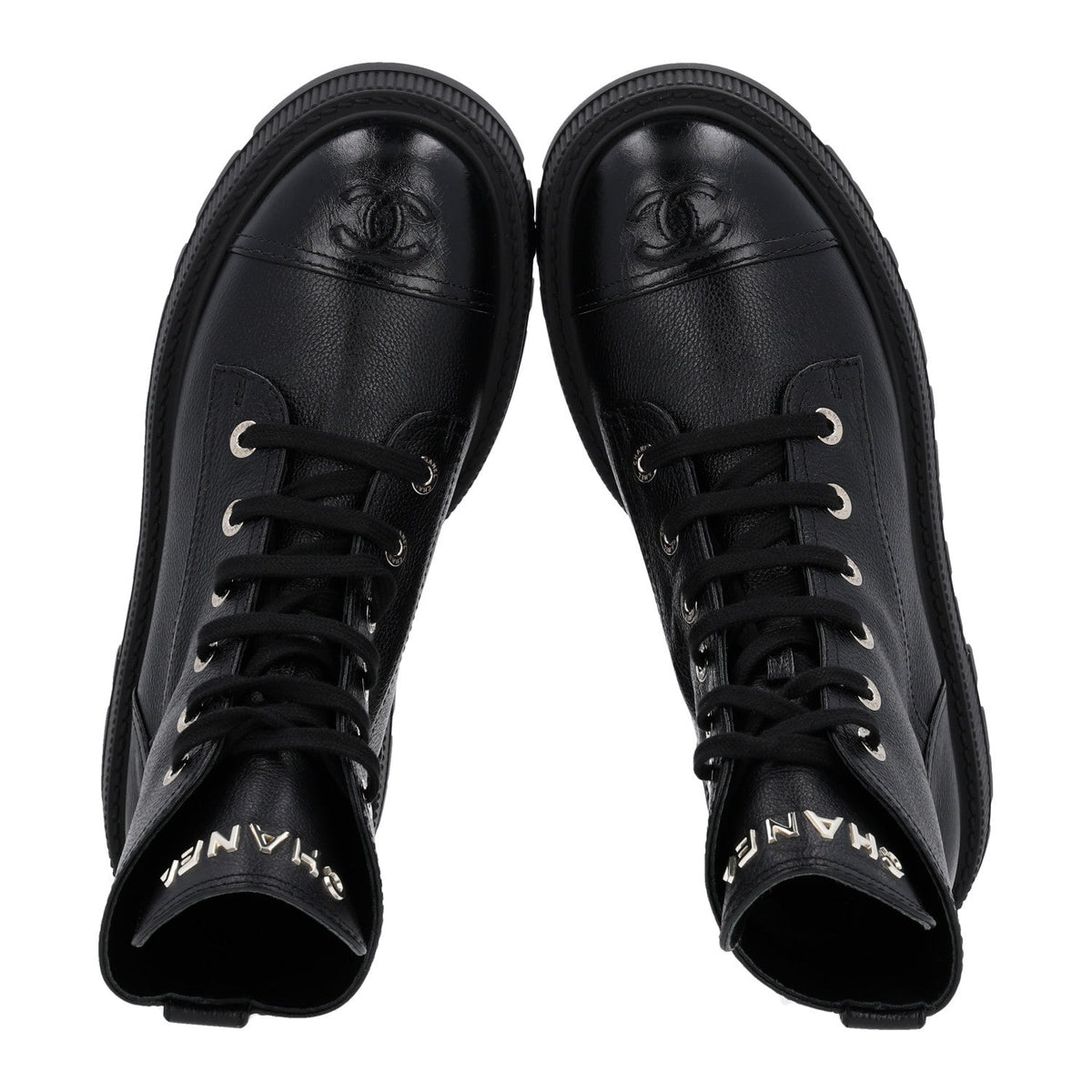 Grained Calfskin Shiny Calfskin CC Lace Up Combat Boots 40.5 Black