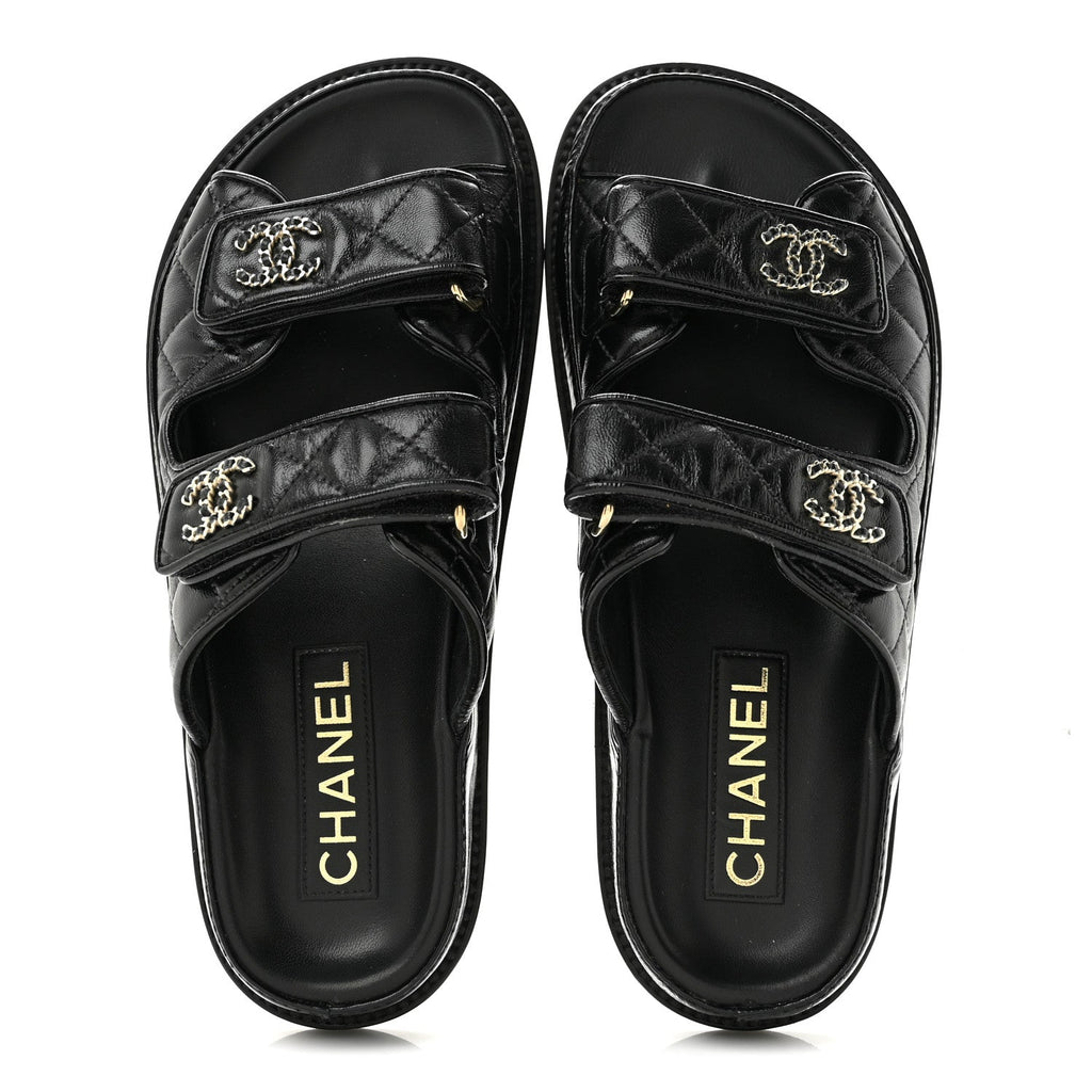 Crumpled Shiny Lambskin Velcro Dad Sandals 36 Black