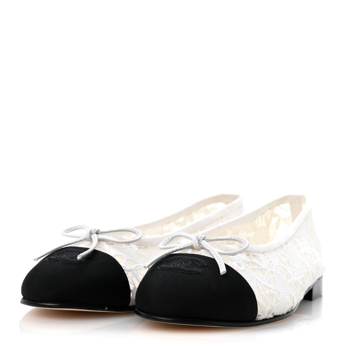 Cotton Mixed Fibers Grosgrain Cap Toe CC Ballerina Flats 37.5 White Black