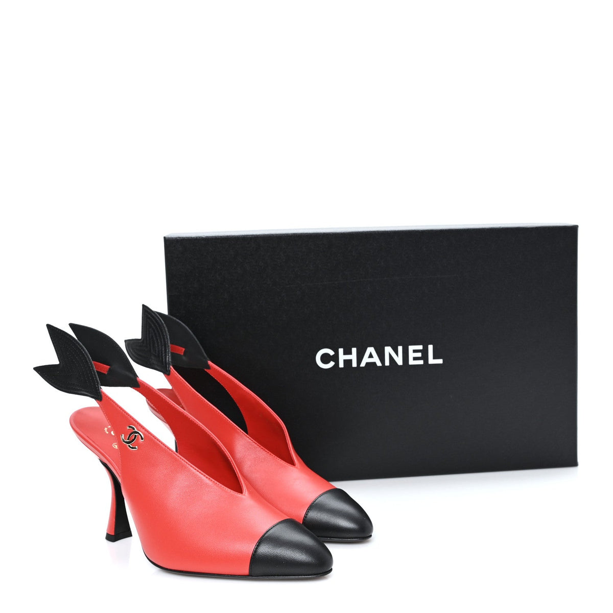 Lambskin Patent Calfskin Cap Toe CC Slingback Pumps 38 Red Black