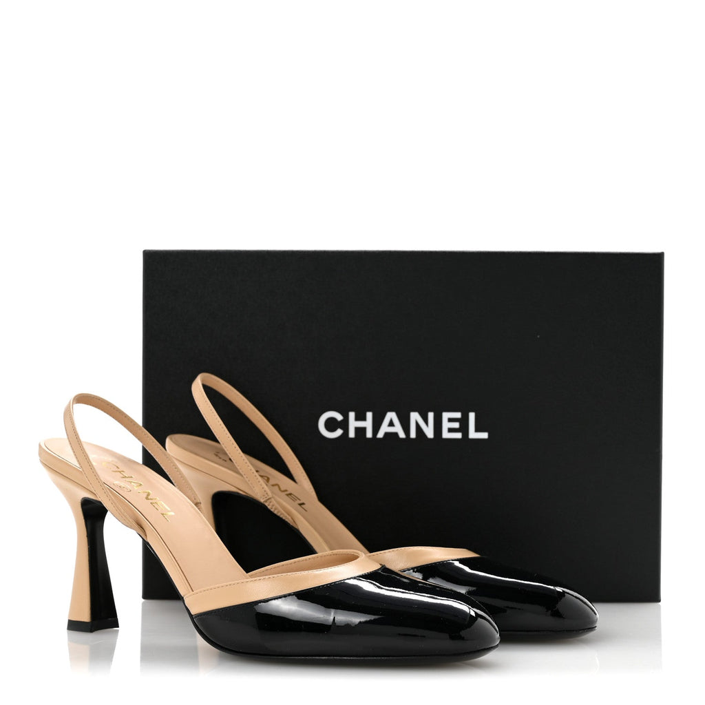 Patent Lambskin Gabrielle Slingback Pumps 40 Beige Black
