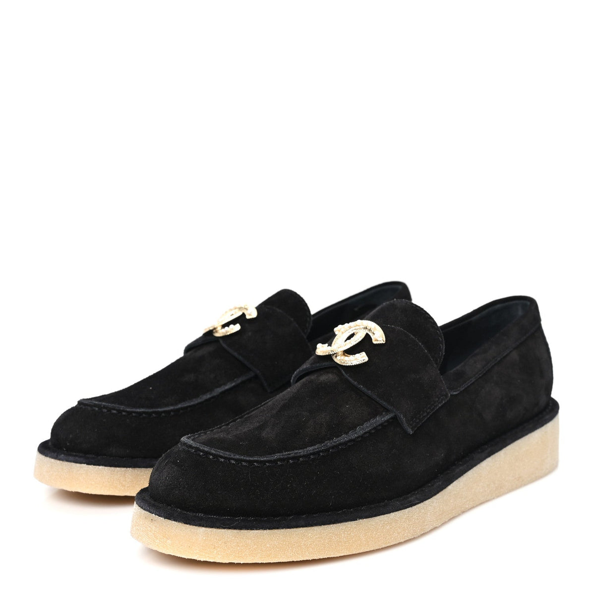 Suede Calfskin Pearl CC Moccasin Loafers 38.5 Black