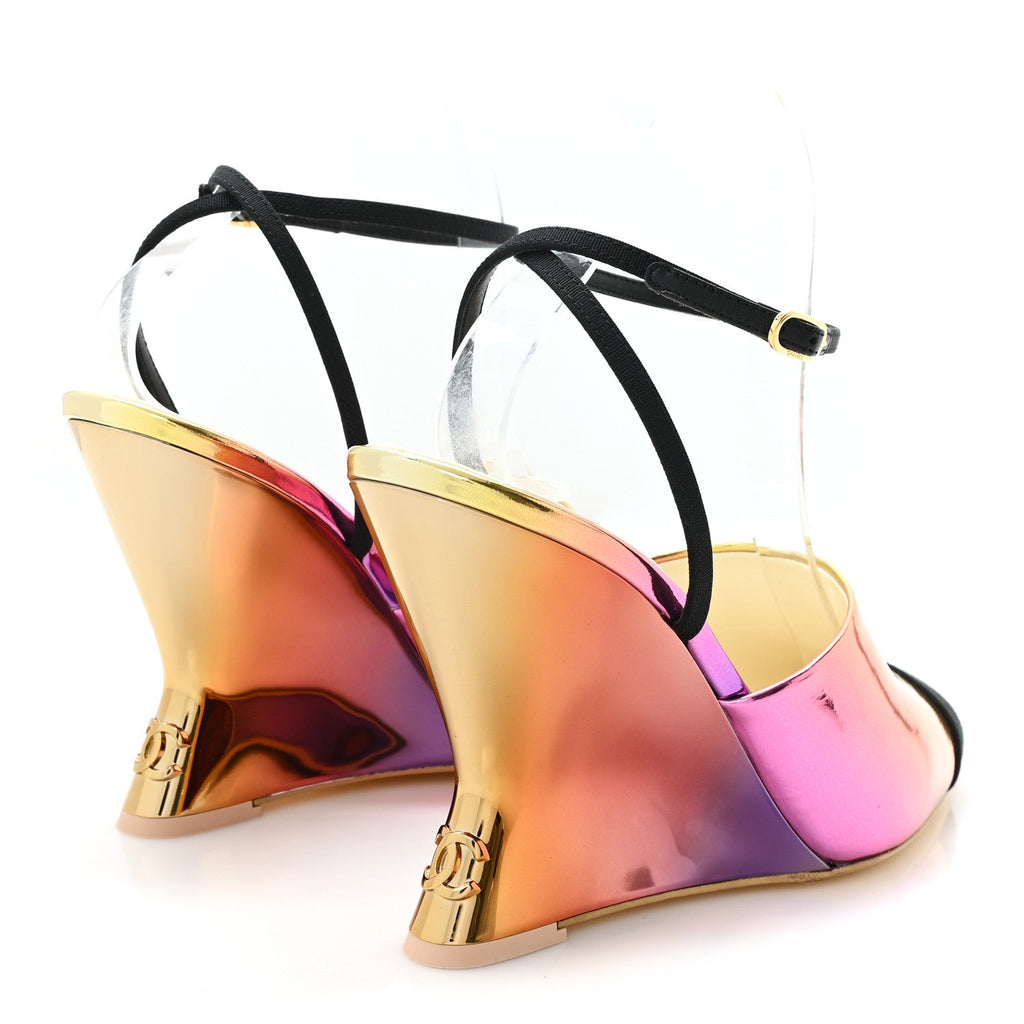 Laminated Calfskin Grosgrain Cap Toe CC Wedge Pumps 40 Pink Orange Yellow Black
