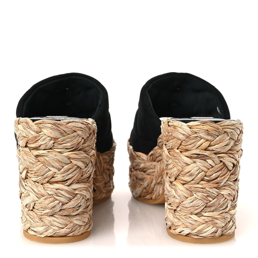 Canvas Raffia Wedge Sandals 35 Black