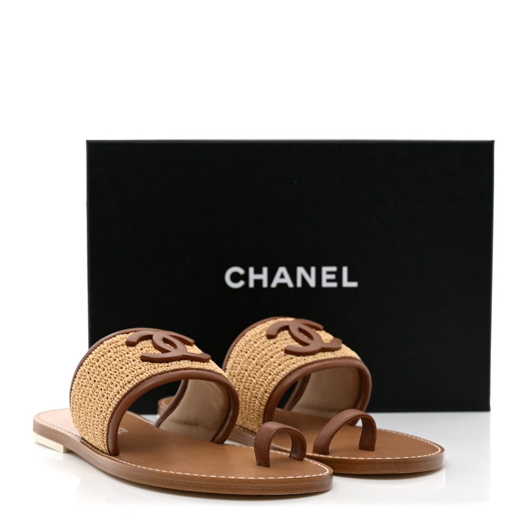 Raffia Lambskin CC Mules 38.5 Beige Brown