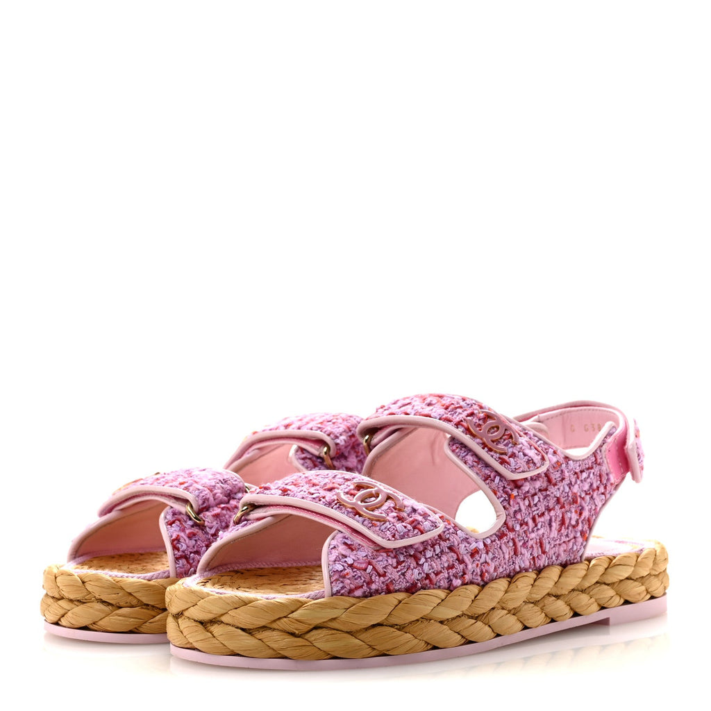Tweed Patent Calfskin Velcro Dad Sandals 38.5 Light Purple Pink Red