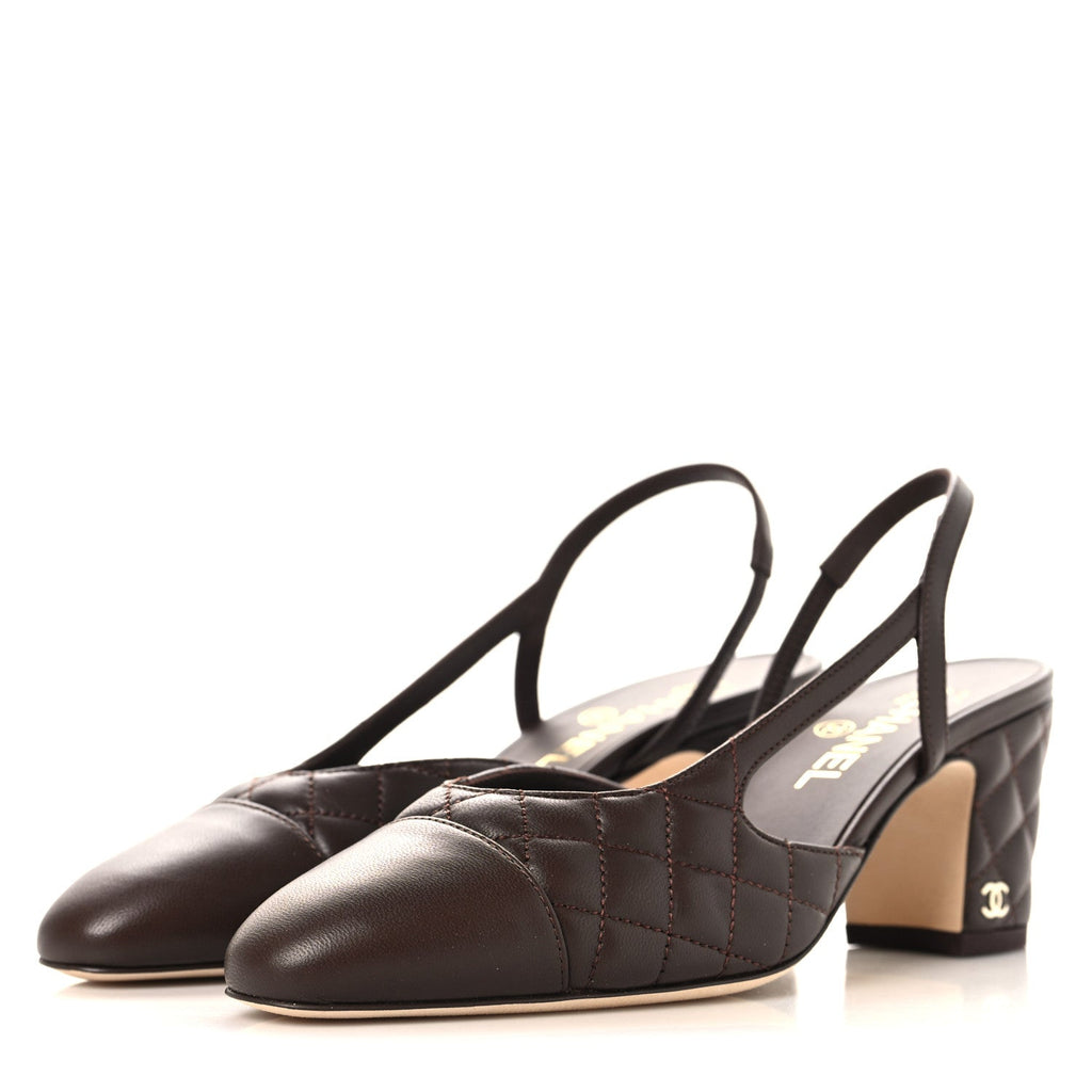 Lambskin Quilted Cap Toe CC Slingback Pumps  37.5 Brown