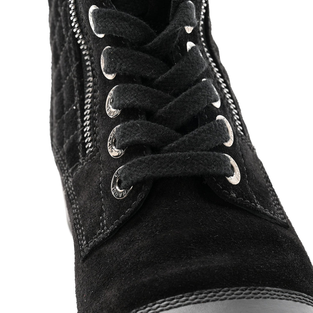 Suede Calfskin Quilted Lace Up Boots 38 Black