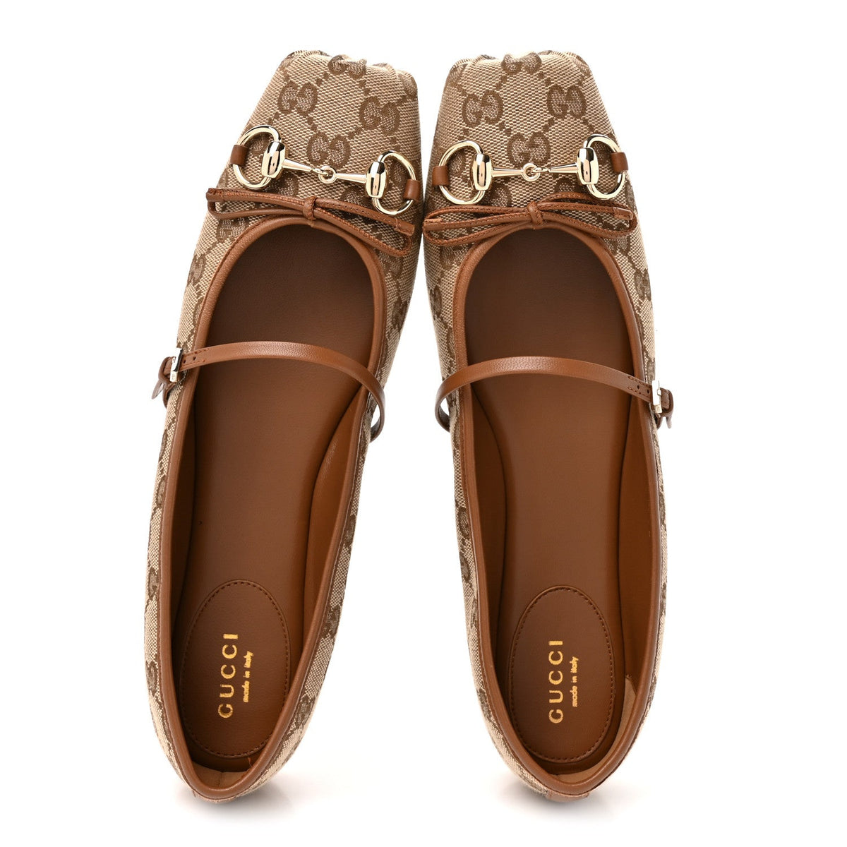 GG Monogram Horsebit Bow Ballet Flats 39.5 Beige Ebony Sundial