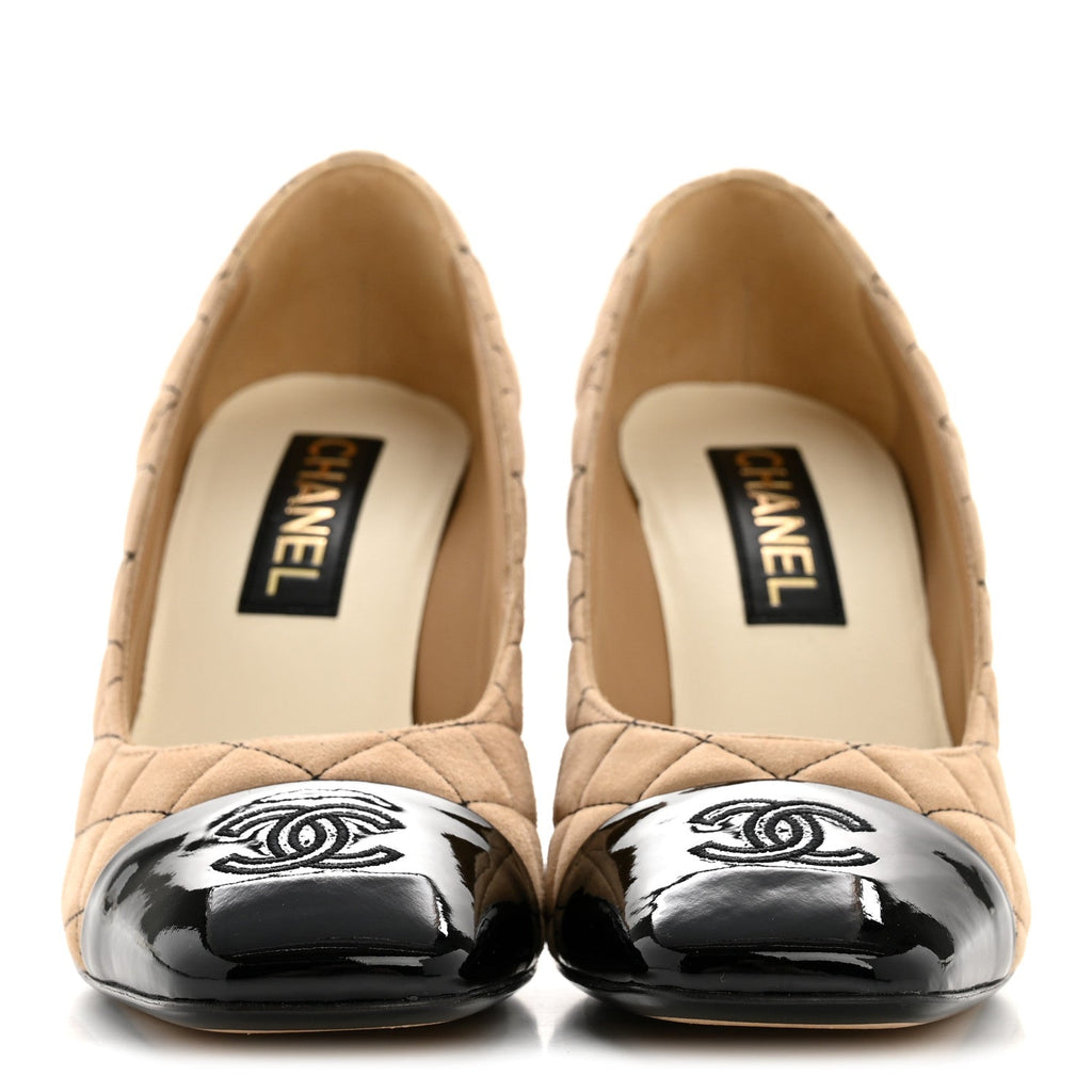 Suede Kidskin Patent Quilted CC Cap Toe Pumps 39 Beige Black