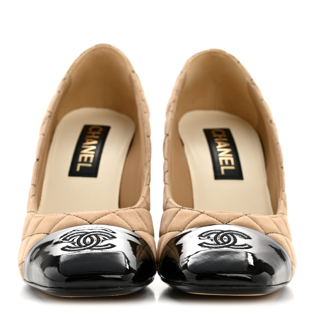 Suede Kidskin Patent Quilted CC Cap Toe Pumps 39 Beige Black