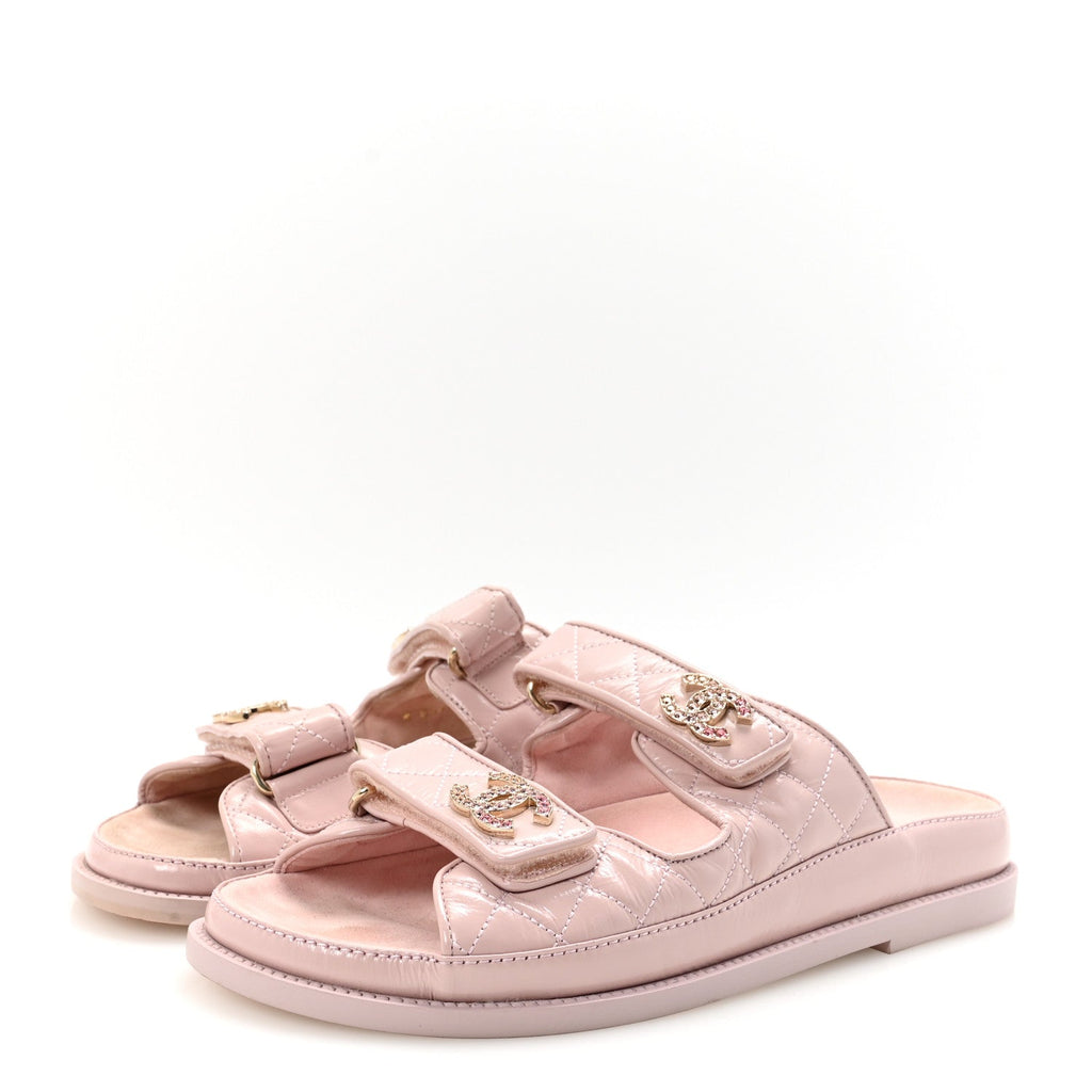 Shiny Calfskin Crystal Quilted Velcro Dad CC Slide Sandals 39 Light Pink